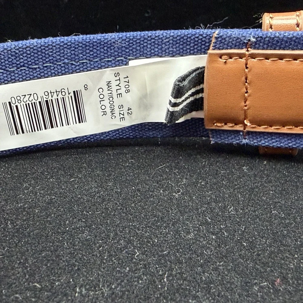 New Nautica Men's Signature Canvas Leather Overlay Belt Navy Cognac Size 42